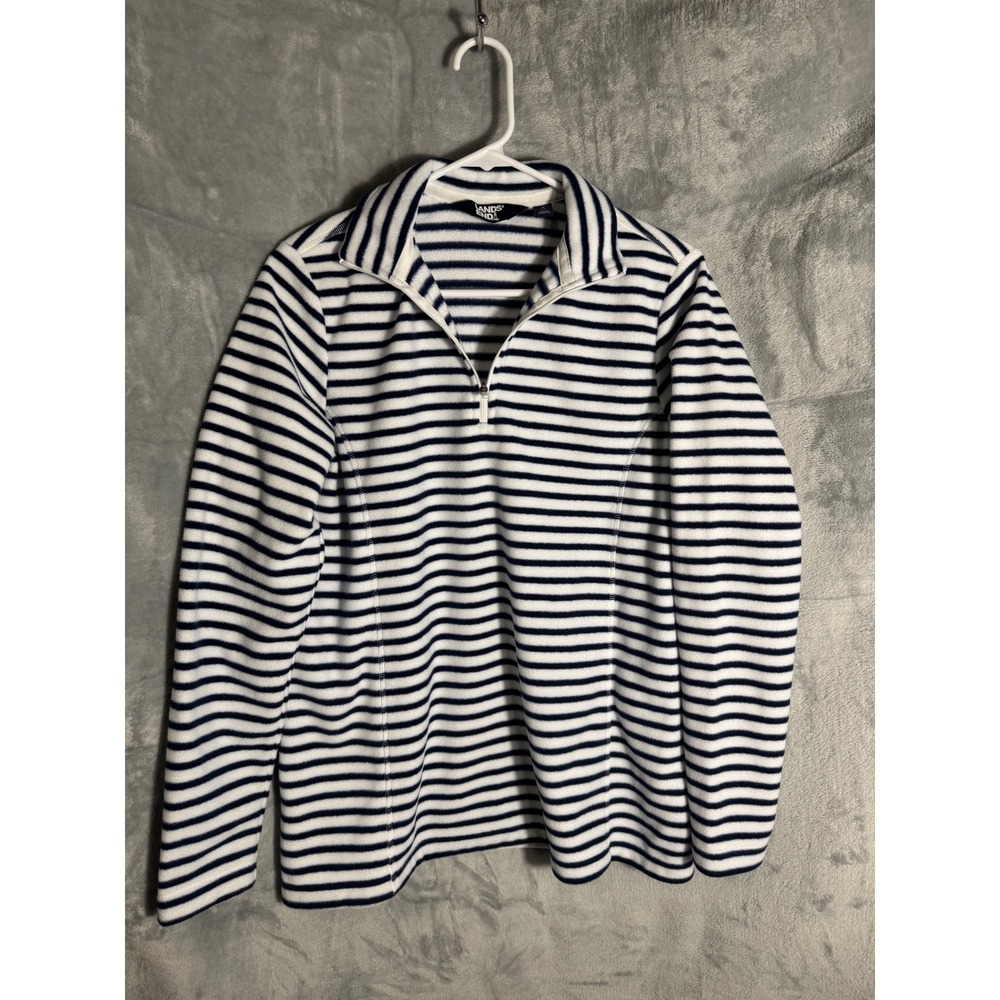 Lands‎ End Womens Navy Striped Fleece Quarter Zip Pullover Sweater Small 6-8